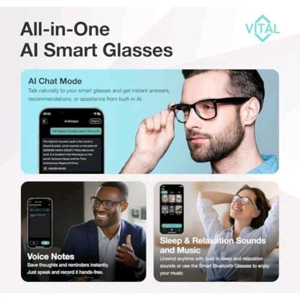 Vital Smart Glasses for Men AI Translation Open-Ear Bluetooth 5.3 Audio 130-Lang